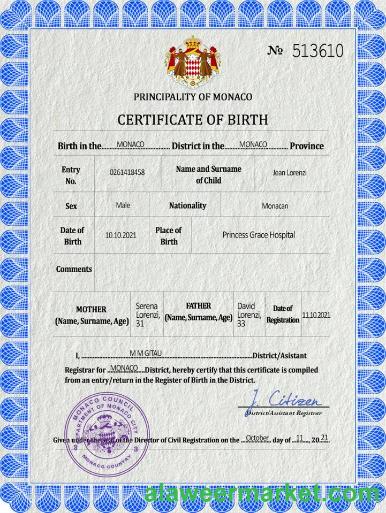 Monaco vital record birth certificate PSD template
